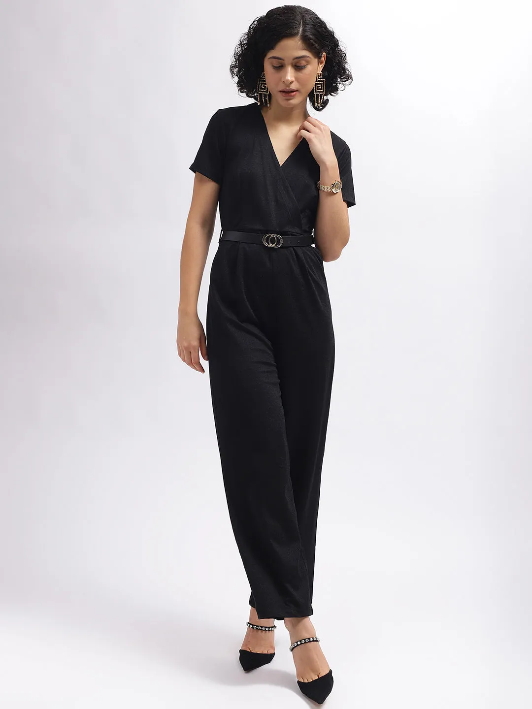 Centre Stage Women Black Solid Wrap Neck Short Sleeves Jumpsuit