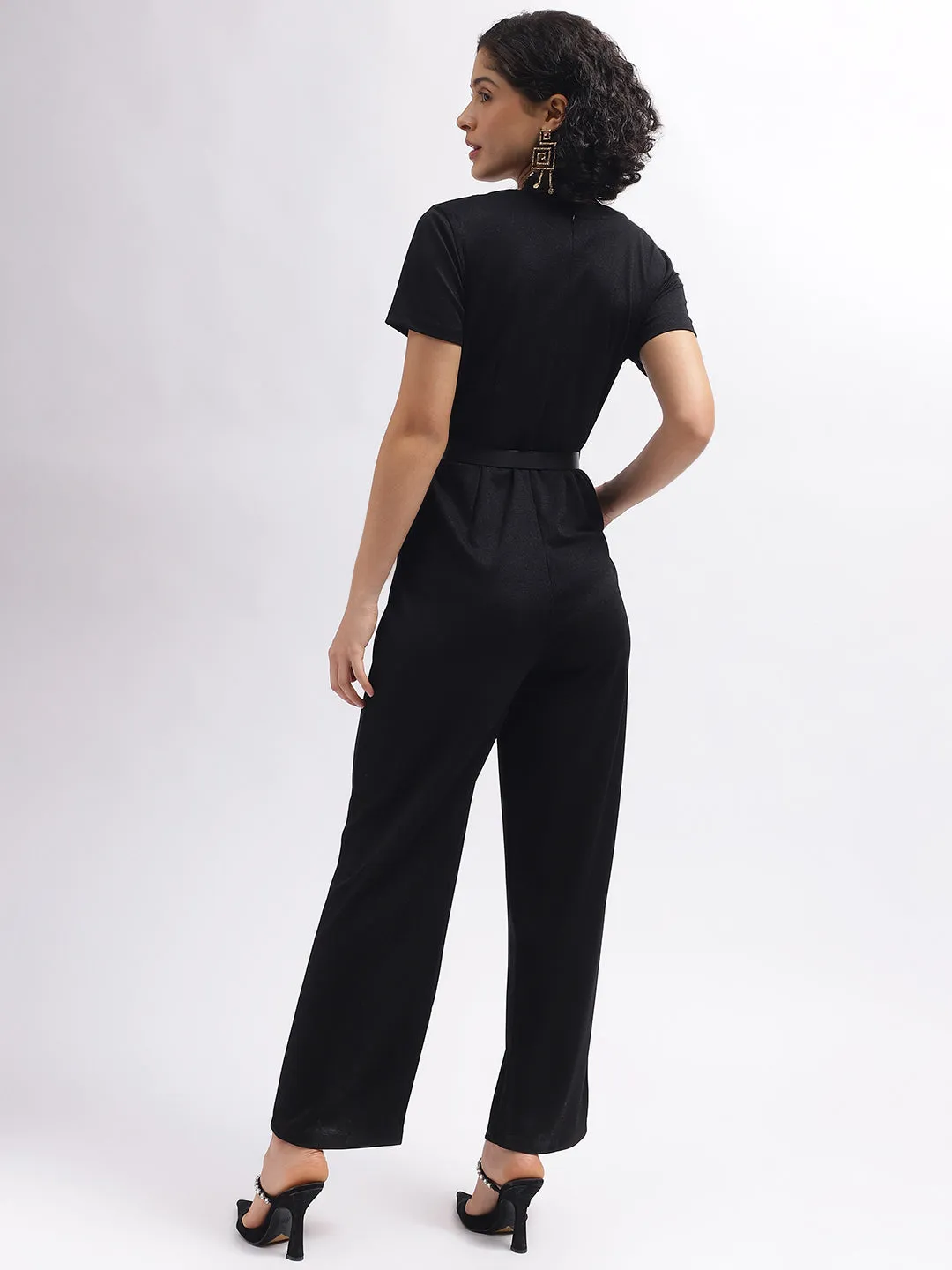 Centre Stage Women Black Solid Wrap Neck Short Sleeves Jumpsuit