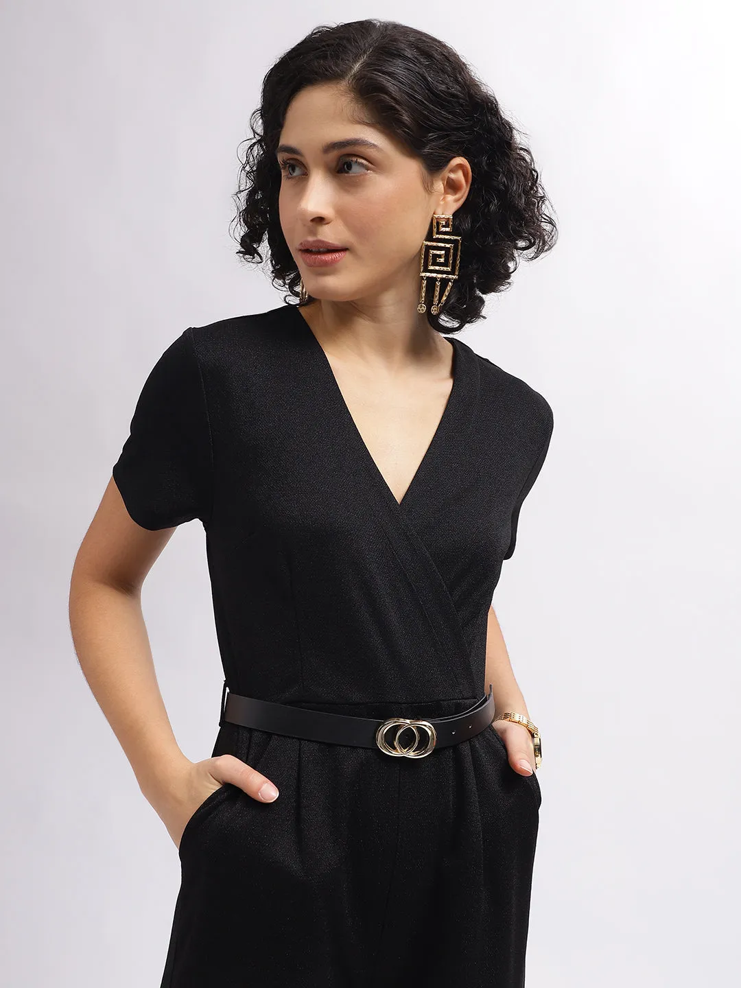 Centre Stage Women Black Solid Wrap Neck Short Sleeves Jumpsuit