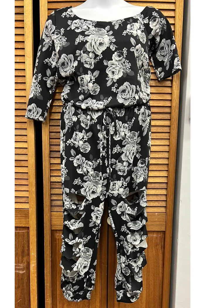 Cold shoulder jumpsuit blk floral slit leg