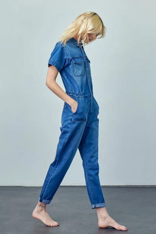 Collared Button Front Denim Jumpsuit