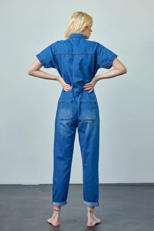 Collared Button Front Denim Jumpsuit