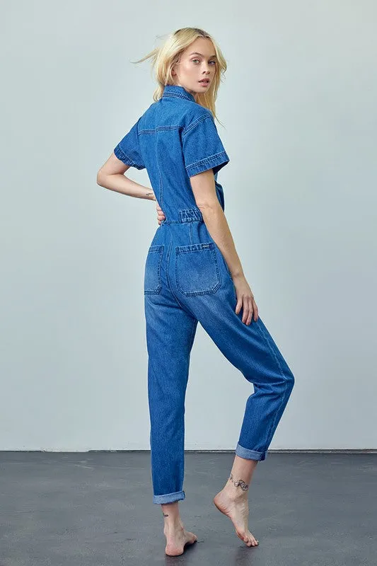 Collared Button Front Denim Jumpsuit