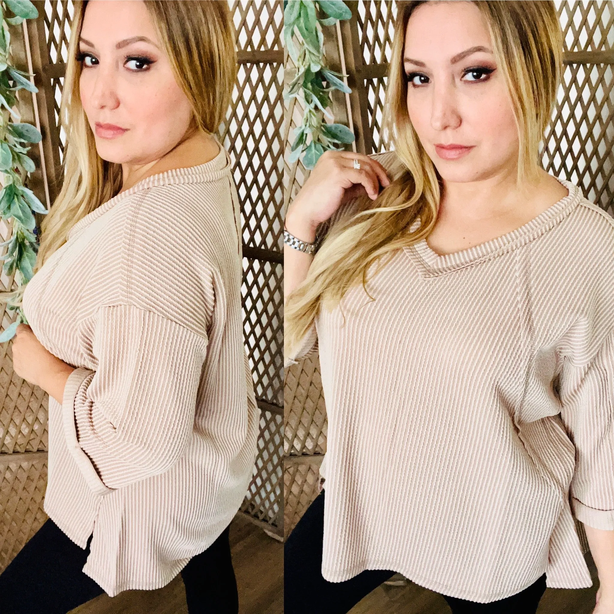 Corded Rib 3/4 Sleeve Hi-Low V Neck Top: LT Mocha