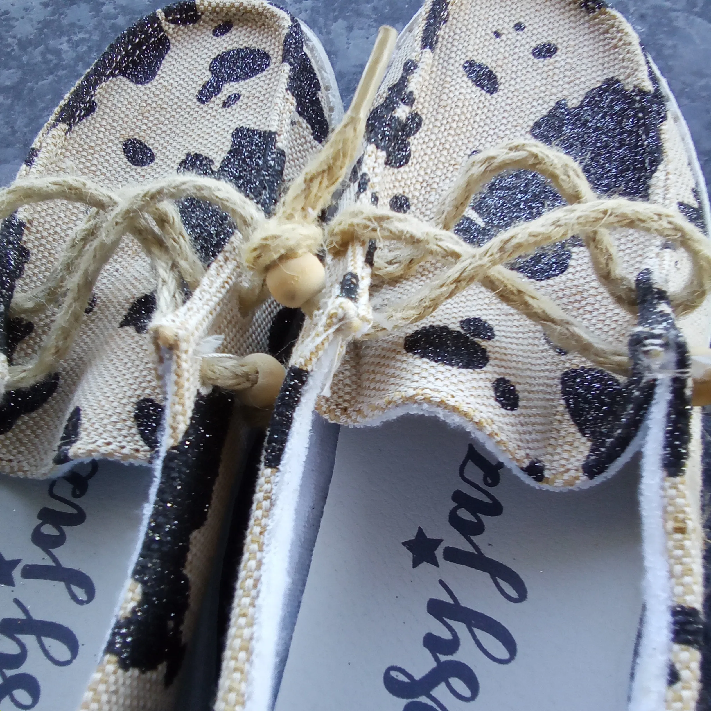 Cream & Black Cow Print Slip Ons | Gypsy Jazz Sparkly Cow