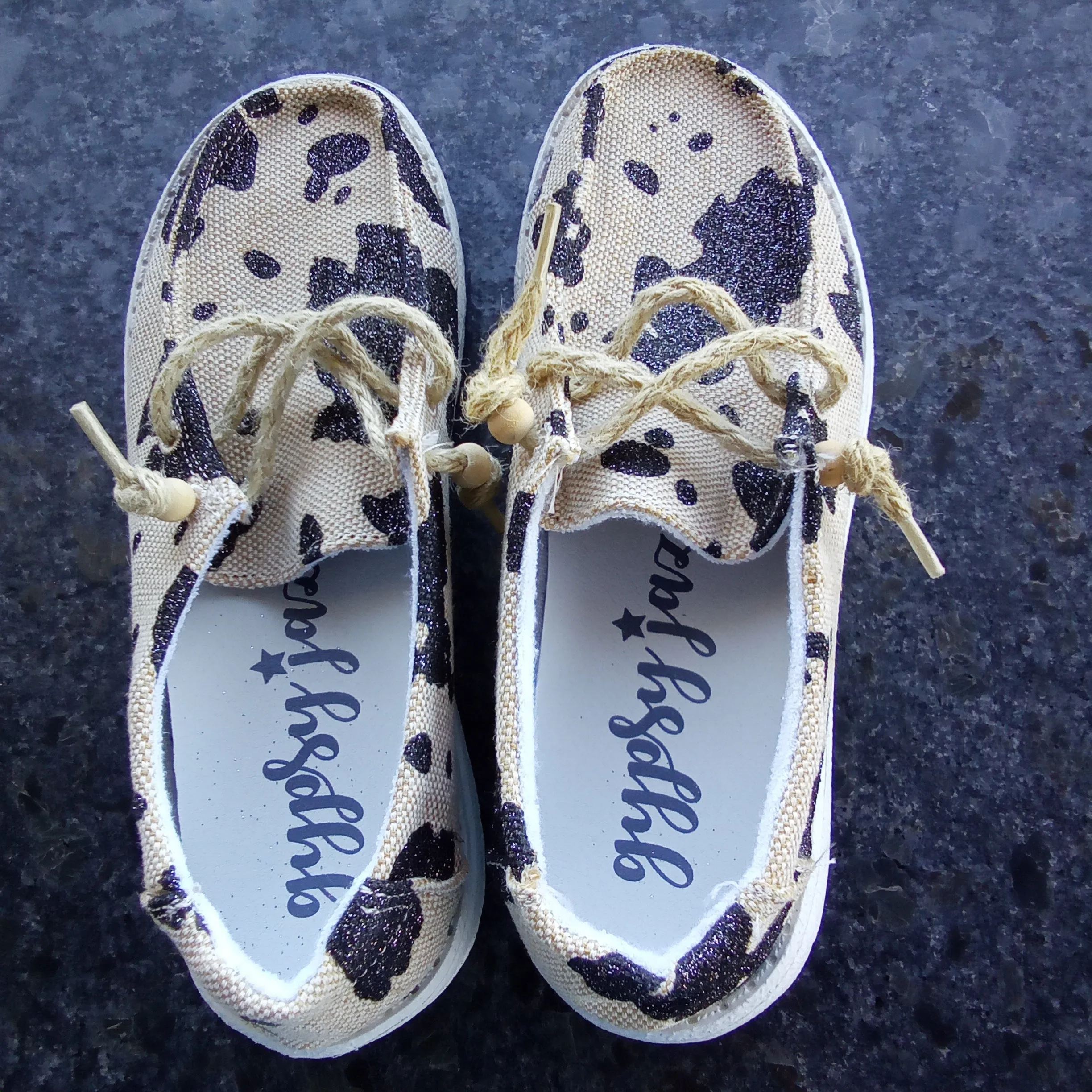 Cream & Black Cow Print Slip Ons | Gypsy Jazz Sparkly Cow