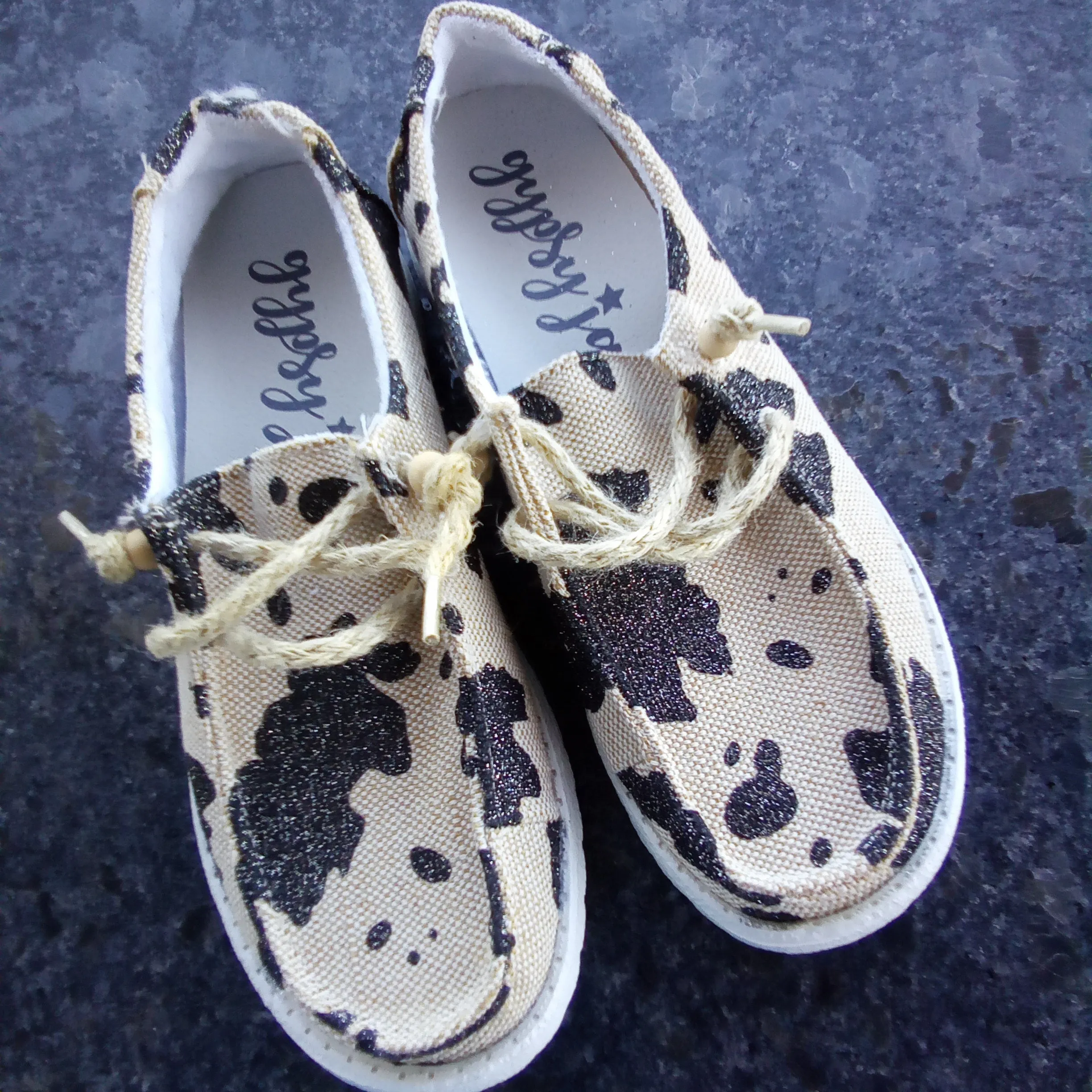 Cream & Black Cow Print Slip Ons | Gypsy Jazz Sparkly Cow