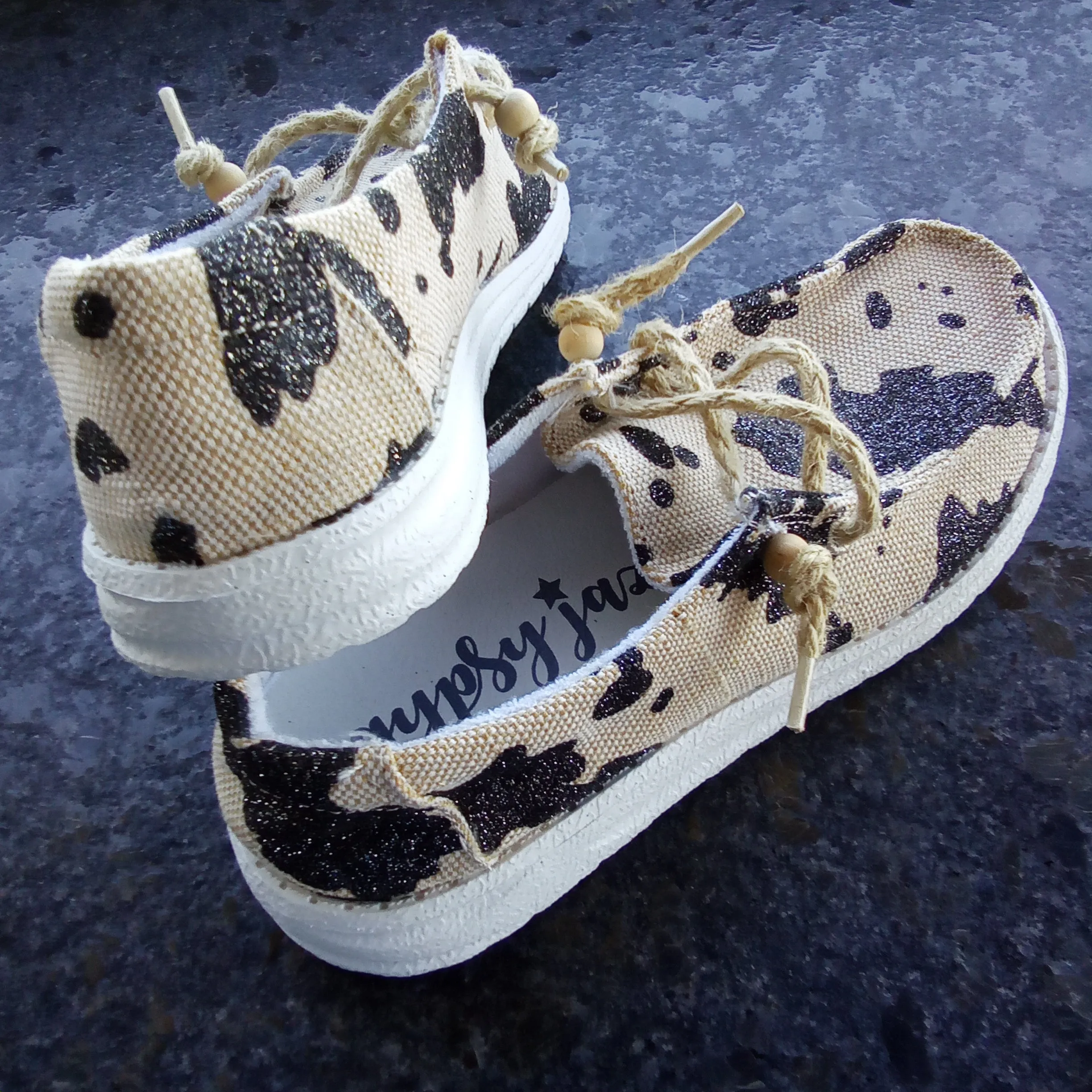 Cream & Black Cow Print Slip Ons | Gypsy Jazz Sparkly Cow