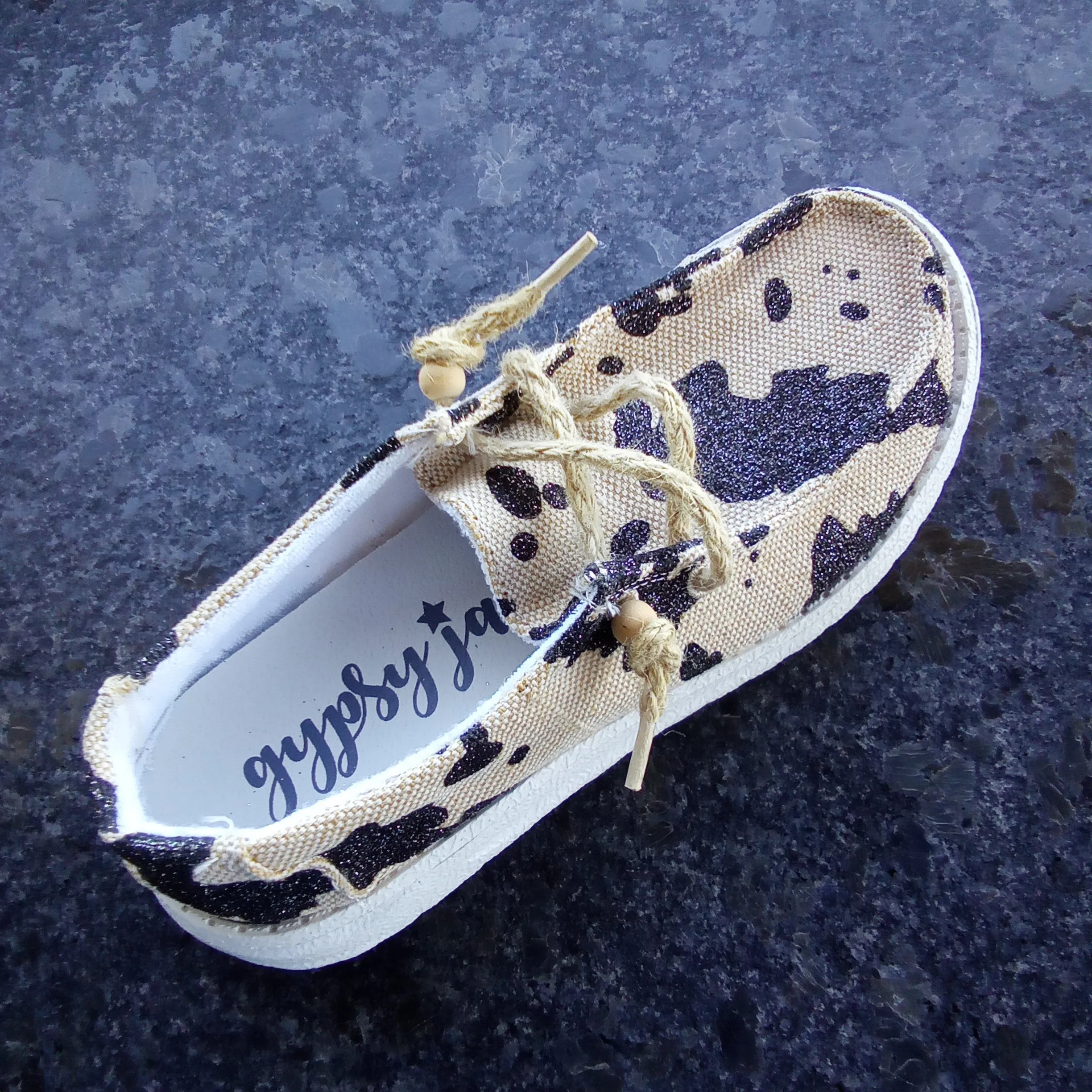 Cream & Black Cow Print Slip Ons | Gypsy Jazz Sparkly Cow