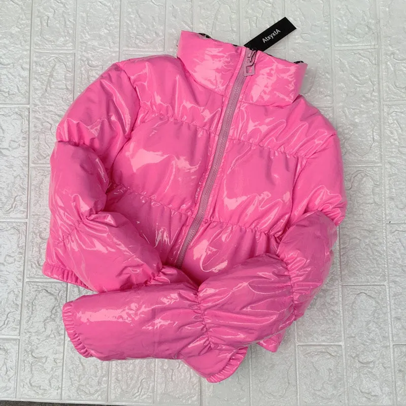 Cropped Down Parka Puffle Jacket Bubble Coat Winter 2018 Women New Fashion Short Clothing Black Red Hot Pink Yellow