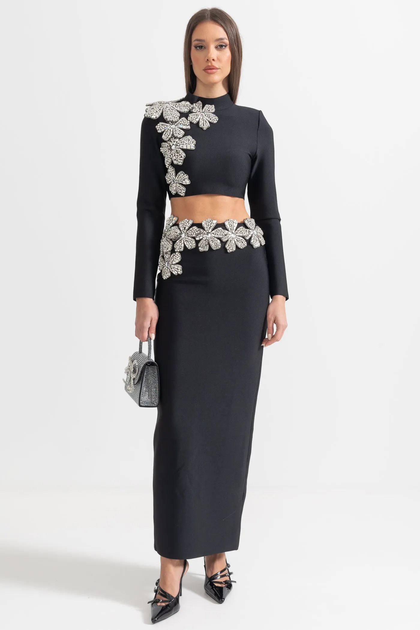 Diamond Flower Accent 2 Piece Set With Long Sleeves Top And Maxi Skirt - Black