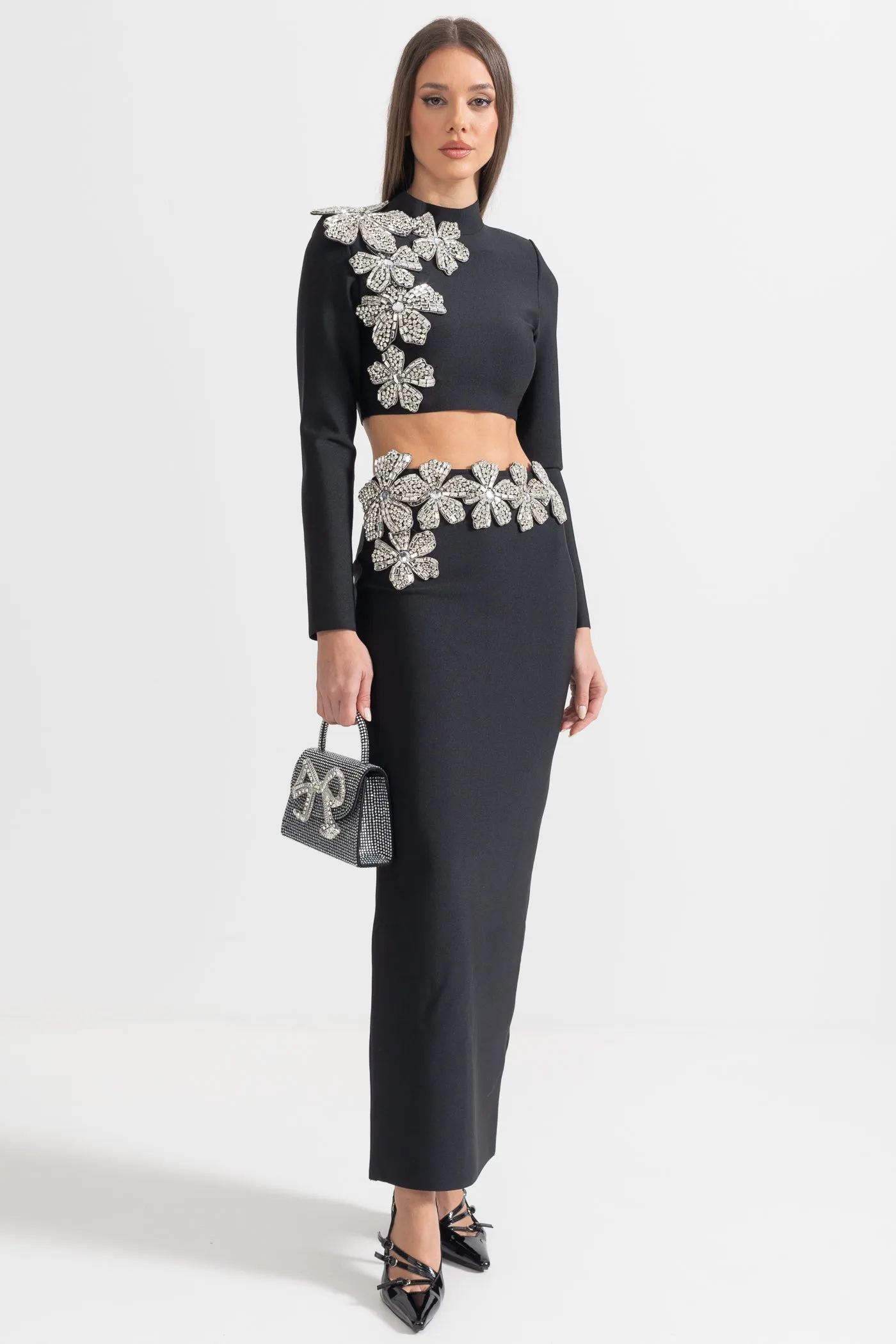 Diamond Flower Accent 2 Piece Set With Long Sleeves Top And Maxi Skirt - Black