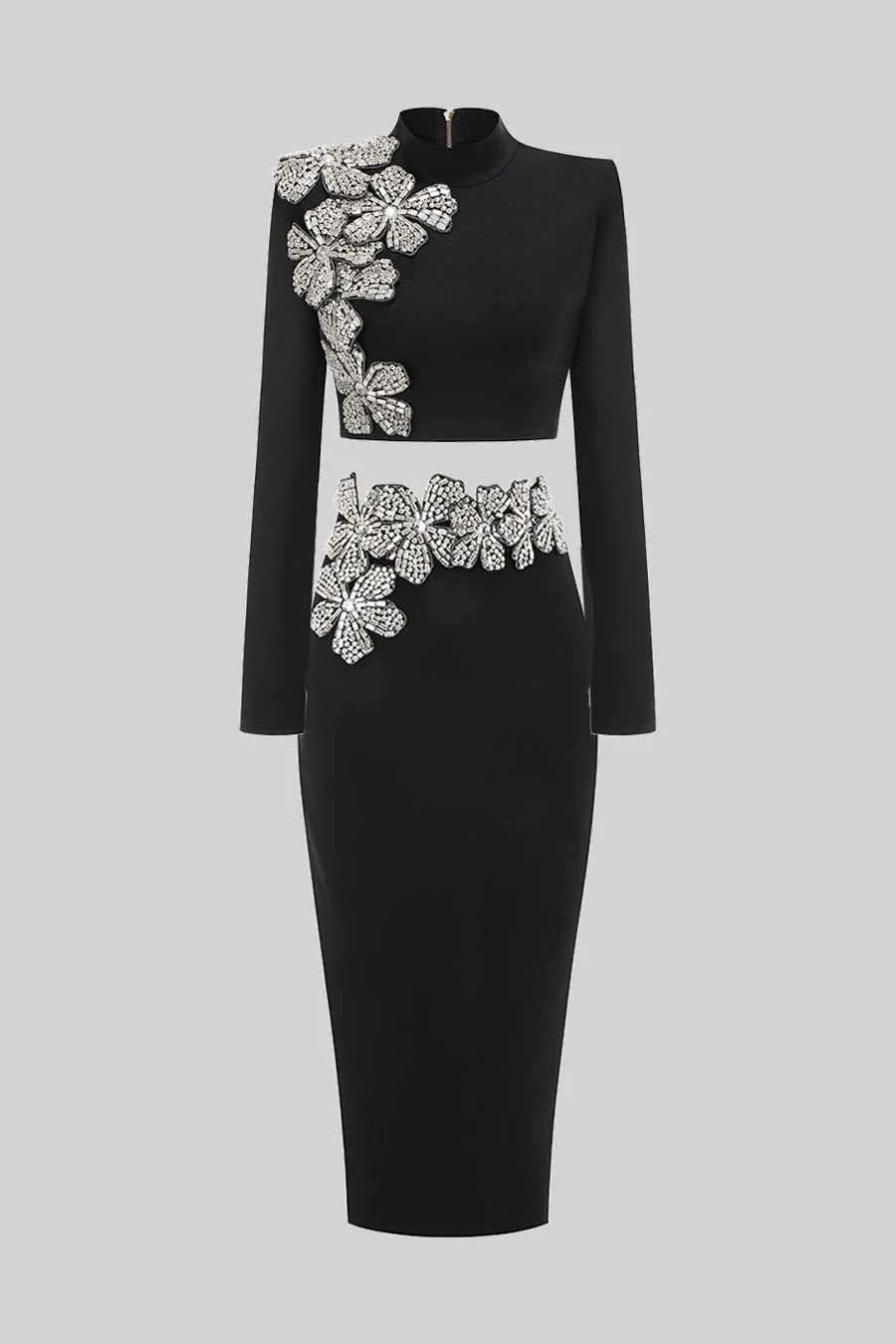 Diamond Flower Accent 2 Piece Set With Long Sleeves Top And Maxi Skirt - Black