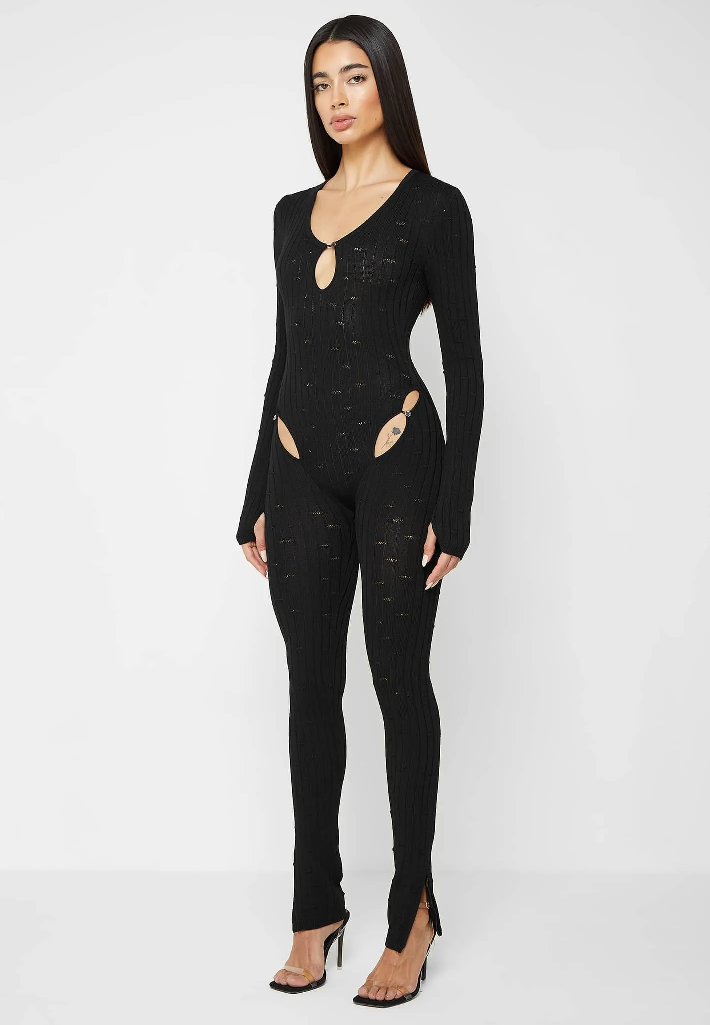 Distressed Knitted Cut Out Jumpsuit - Black