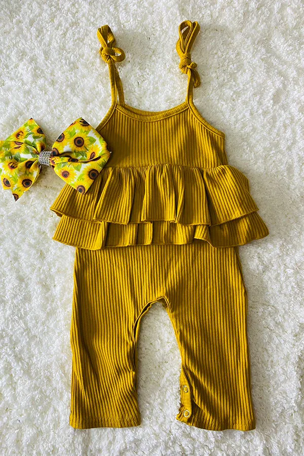 DLH2548 Yellow double ruffle striped girls jumpsuit