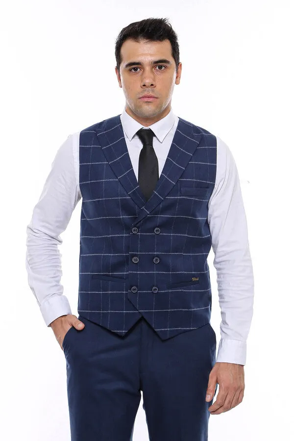 Double Breasted Plaid Blue Men Vest - Wessi