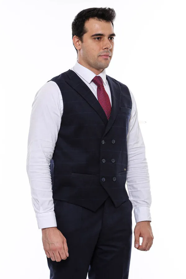 Double Breasted Plaid Navy Blue Men's Vest - Wessi