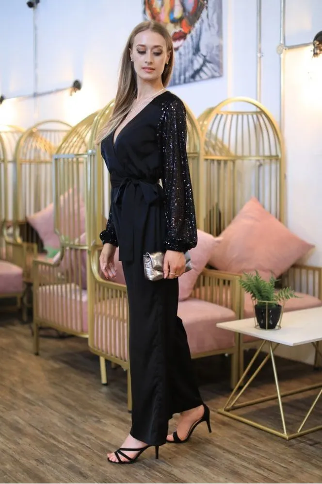 Double Second Black Jumpsuit With Sequin Sleeves