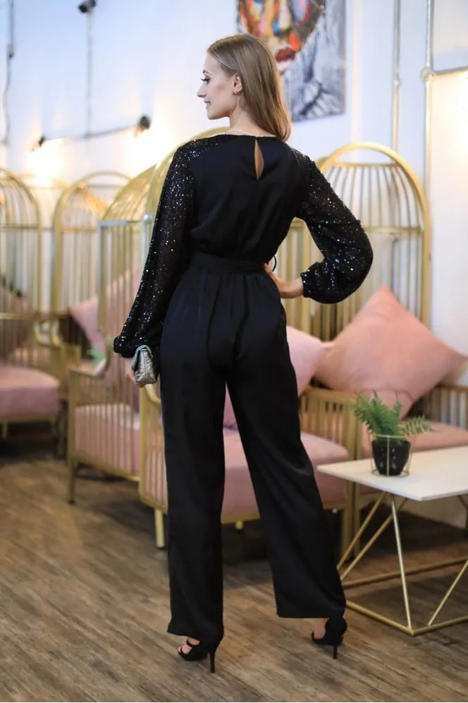 Double Second Black Jumpsuit With Sequin Sleeves