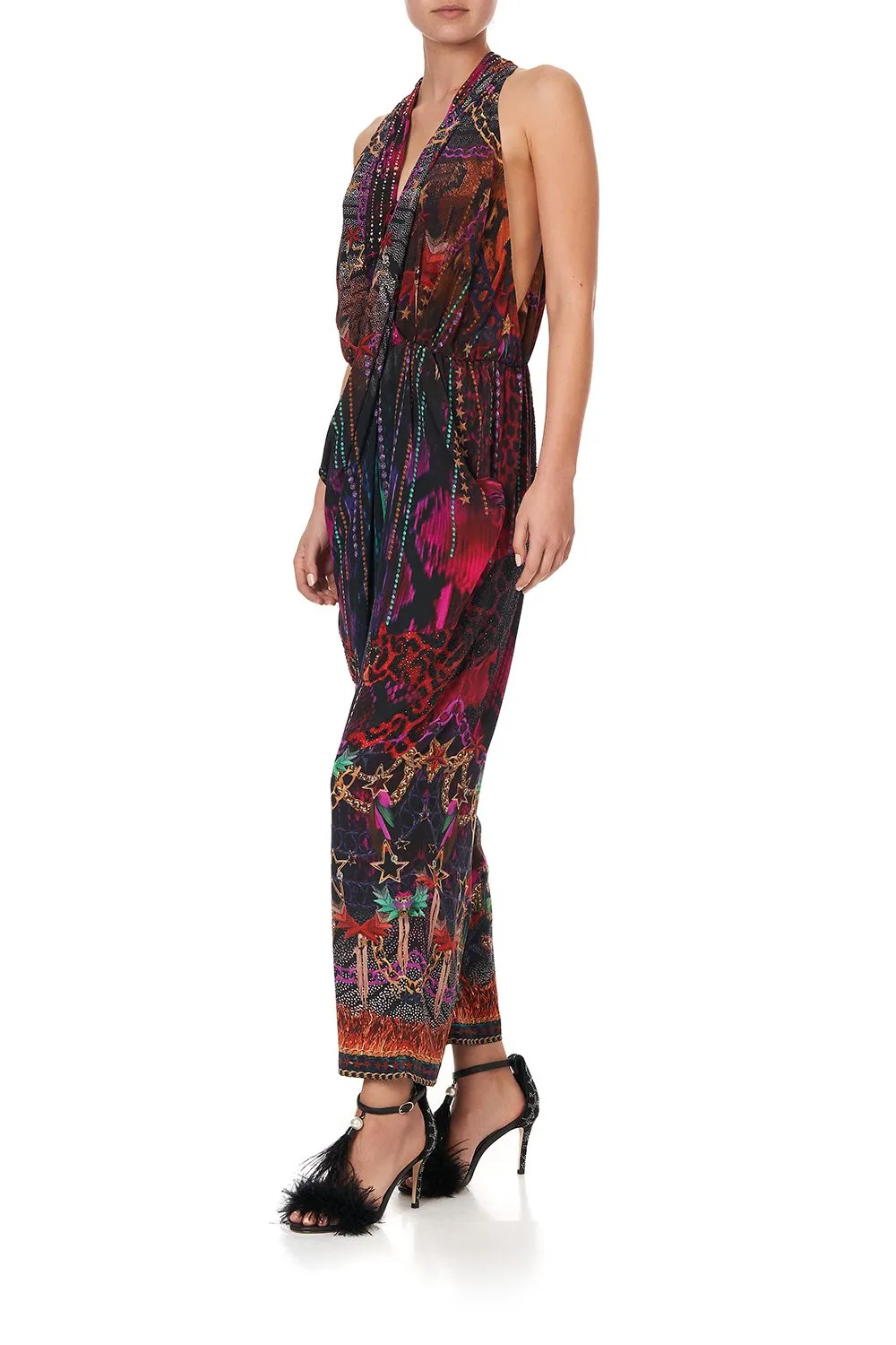 DRAPED FRONT BODICE JUMPSUIT WITH NECK TIE ROCKET WOMAN