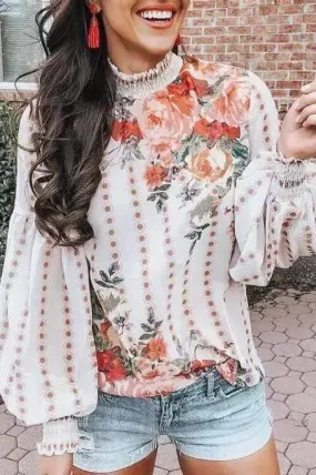 Dunnmall Chiffon Printed Lantern Sleeve Shirt