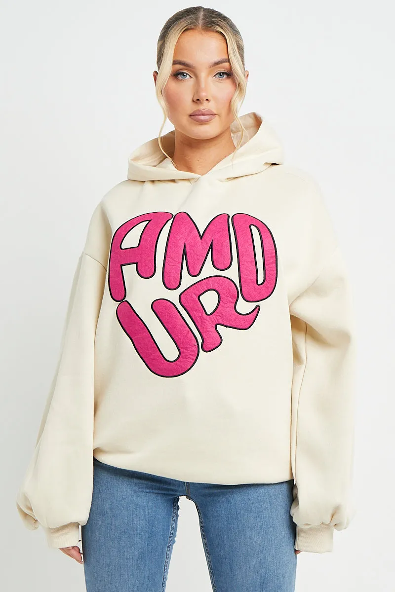 ECRU AMOUR RUCHED SLEEVE HOODIE