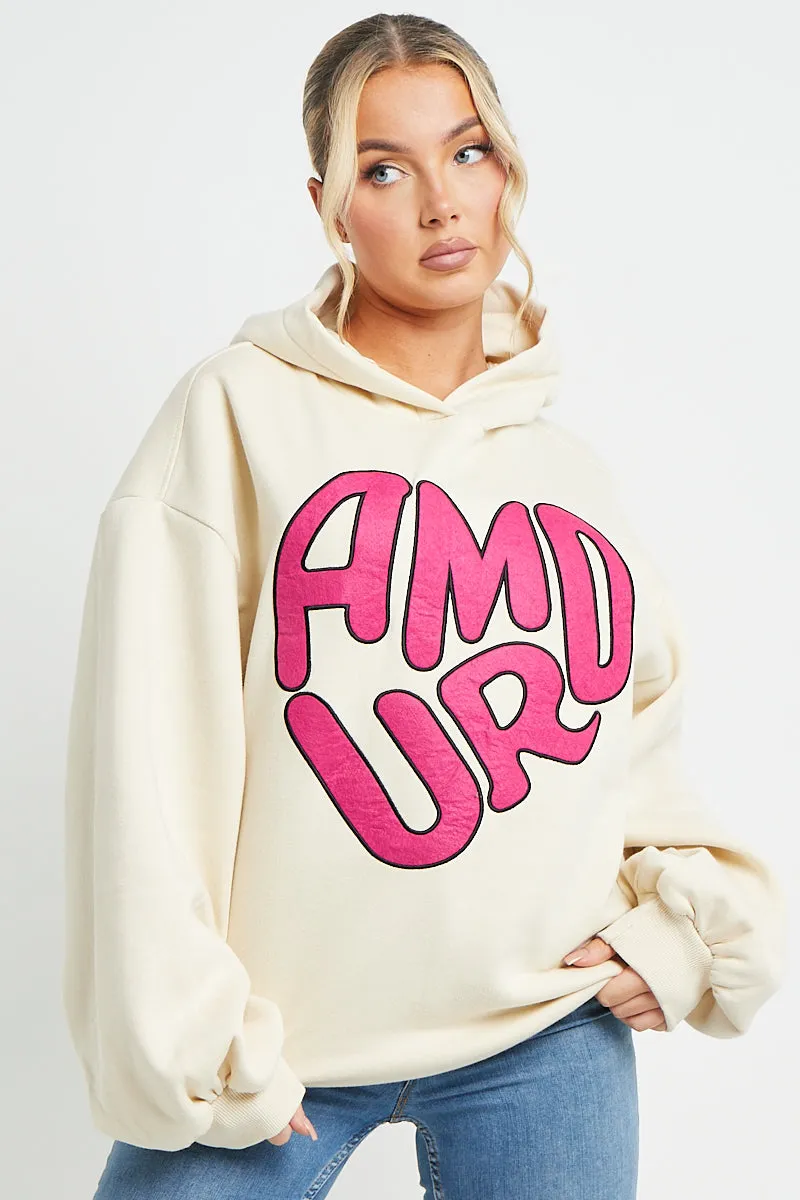 ECRU AMOUR RUCHED SLEEVE HOODIE