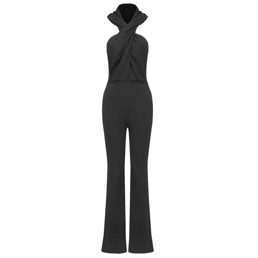 Edge Crossed Front Backless High Waist Side Pocket Flare Sleeveless Hooded Jumpsuit