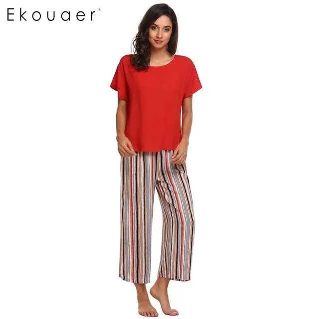 Ekouaer Women Casual Sleepwear Pajama Set Short Sleeve T-shirt & Loose Striped Pants Pajamas Set Nighties Female Home Clothing