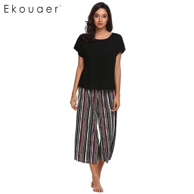 Ekouaer Women Casual Sleepwear Pajama Set Short Sleeve T-shirt & Loose Striped Pants Pajamas Set Nighties Female Home Clothing