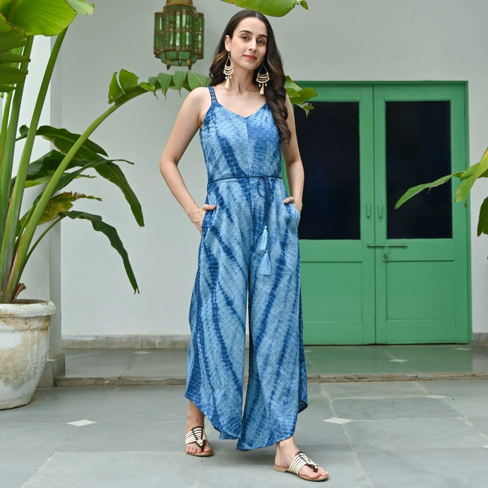 Eternal Blush Blue Schiffli Tie Dye Jumpsuit