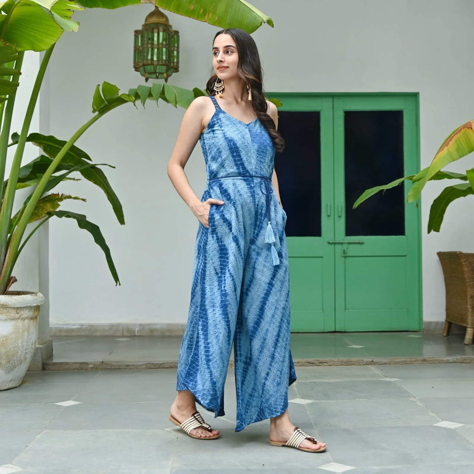 Eternal Blush Blue Schiffli Tie Dye Jumpsuit