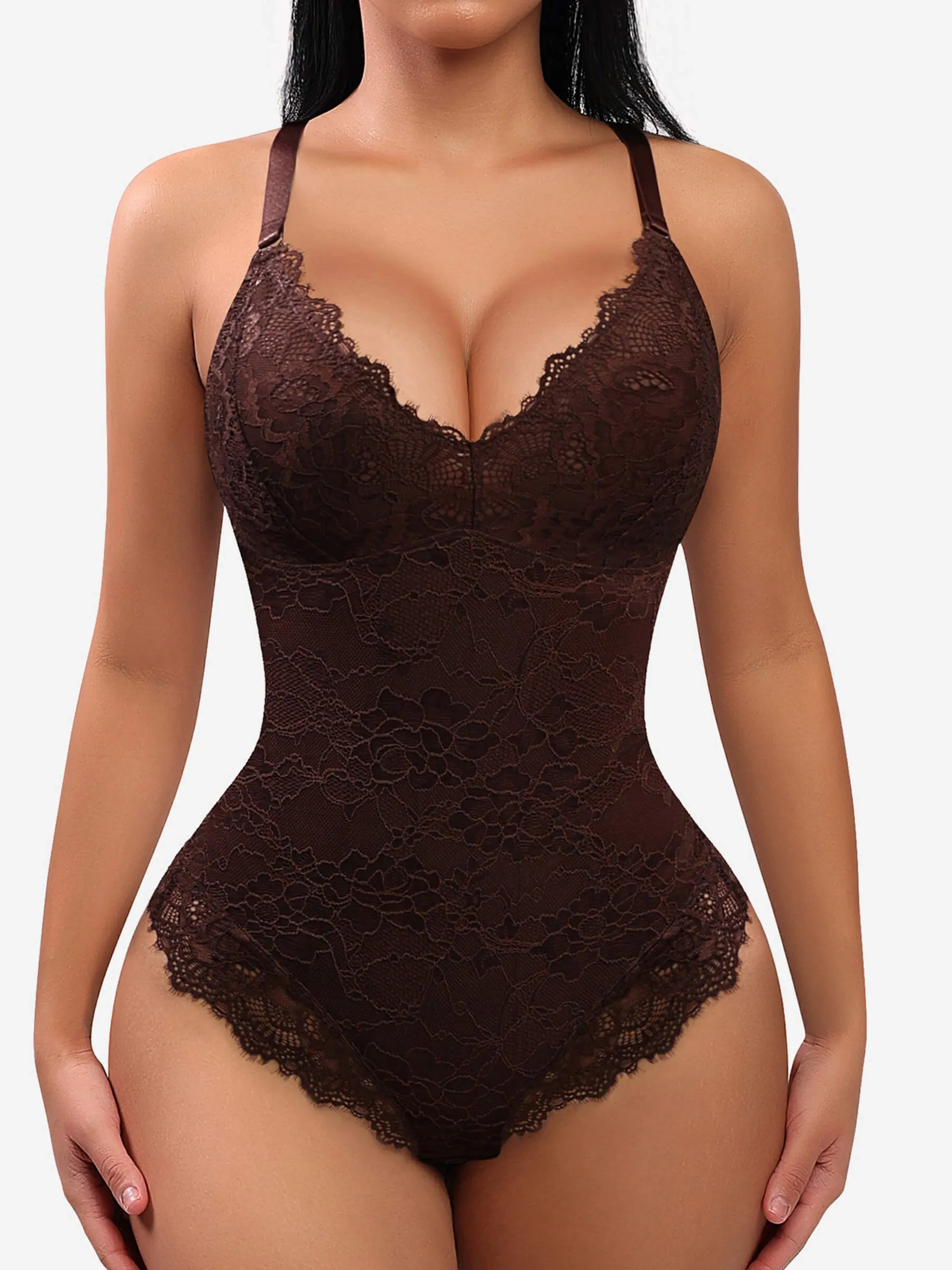 Feelingirl Lace V Neck Full Thong Bodysuit