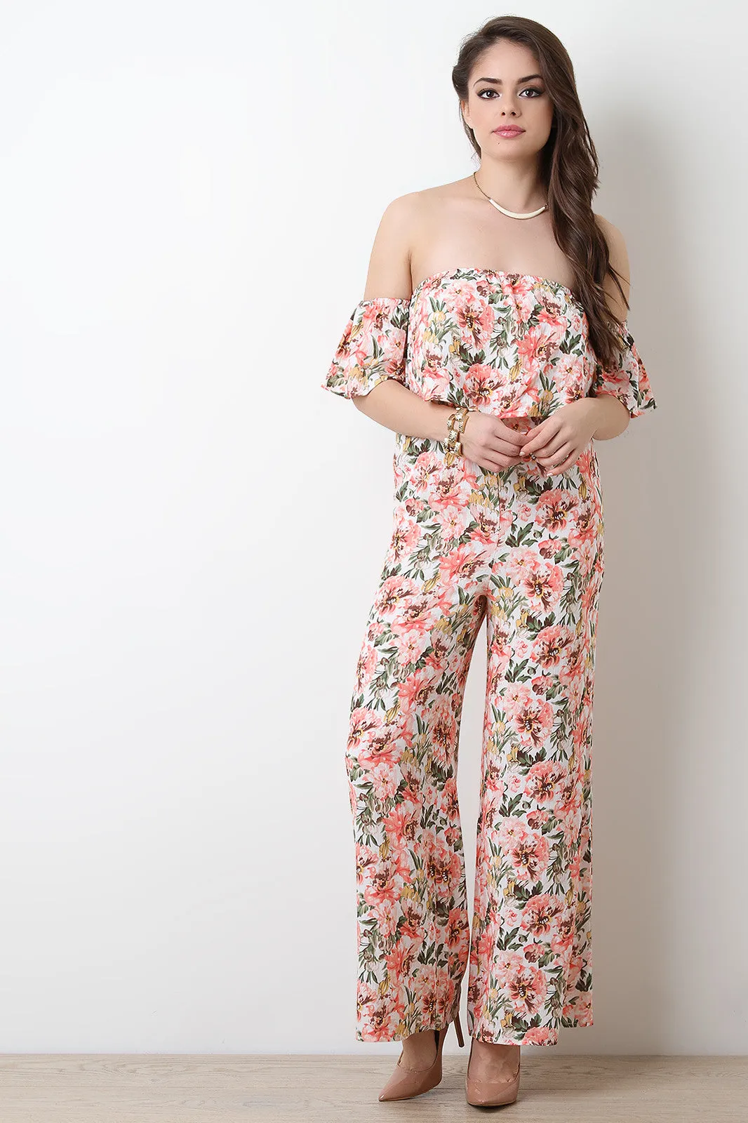 Floral Tiered Bardot Wide Leg Jumpsuit