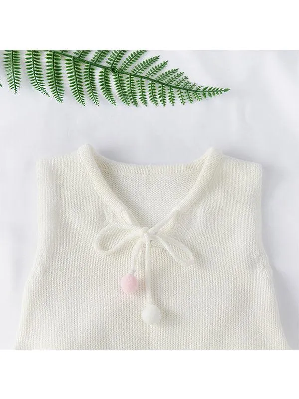 Flounced Knitted Cotton Romper Sleeveless Solid Color Baby Girls Bodysuit