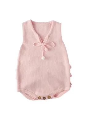 Flounced Knitted Cotton Romper Sleeveless Solid Color Baby Girls Bodysuit