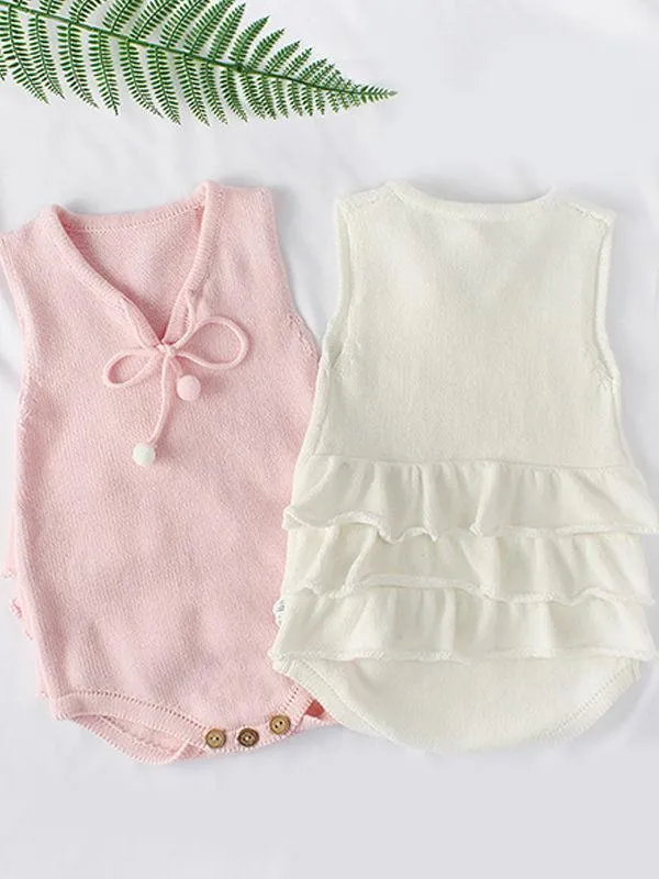 Flounced Knitted Cotton Romper Sleeveless Solid Color Baby Girls Bodysuit