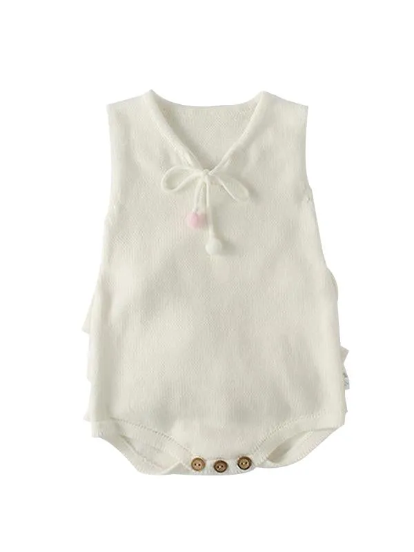 Flounced Knitted Cotton Romper Sleeveless Solid Color Baby Girls Bodysuit