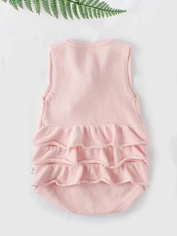 Flounced Knitted Cotton Romper Sleeveless Solid Color Baby Girls Bodysuit