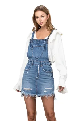 Frayed Denim Overalls Dress