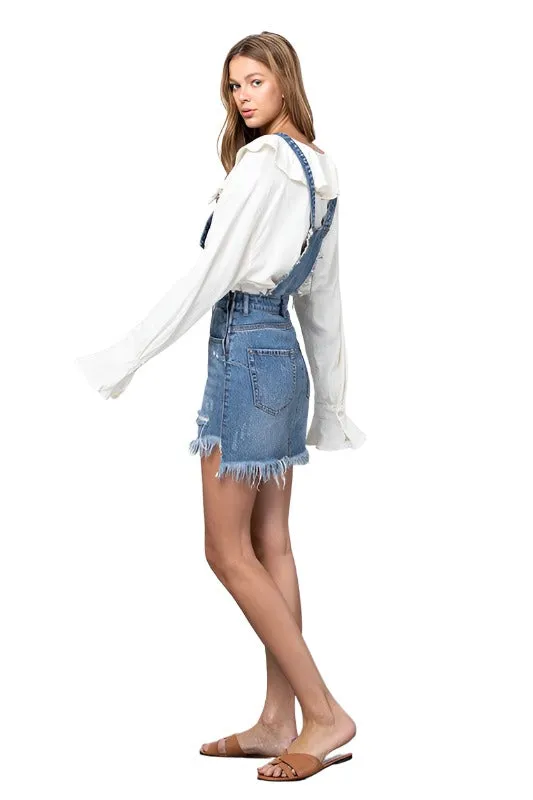 Frayed Denim Overalls Dress