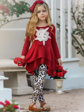 Girls Double Tiered Side Tail Applique Tunic And Printed Legging Set