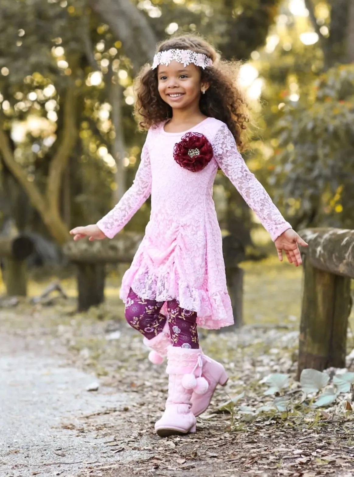 Girls Pink Drawstring Lace Tunic And Floral Legging Set