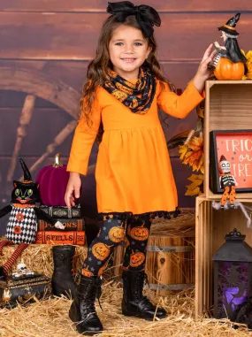 Girls Pom Pom Tunic, Pumpkin Print Leggings and Scarf Set