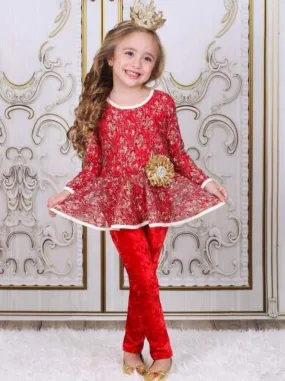 Girls Red And Gold Lace Peplum Tunic And Velvet Legging Set