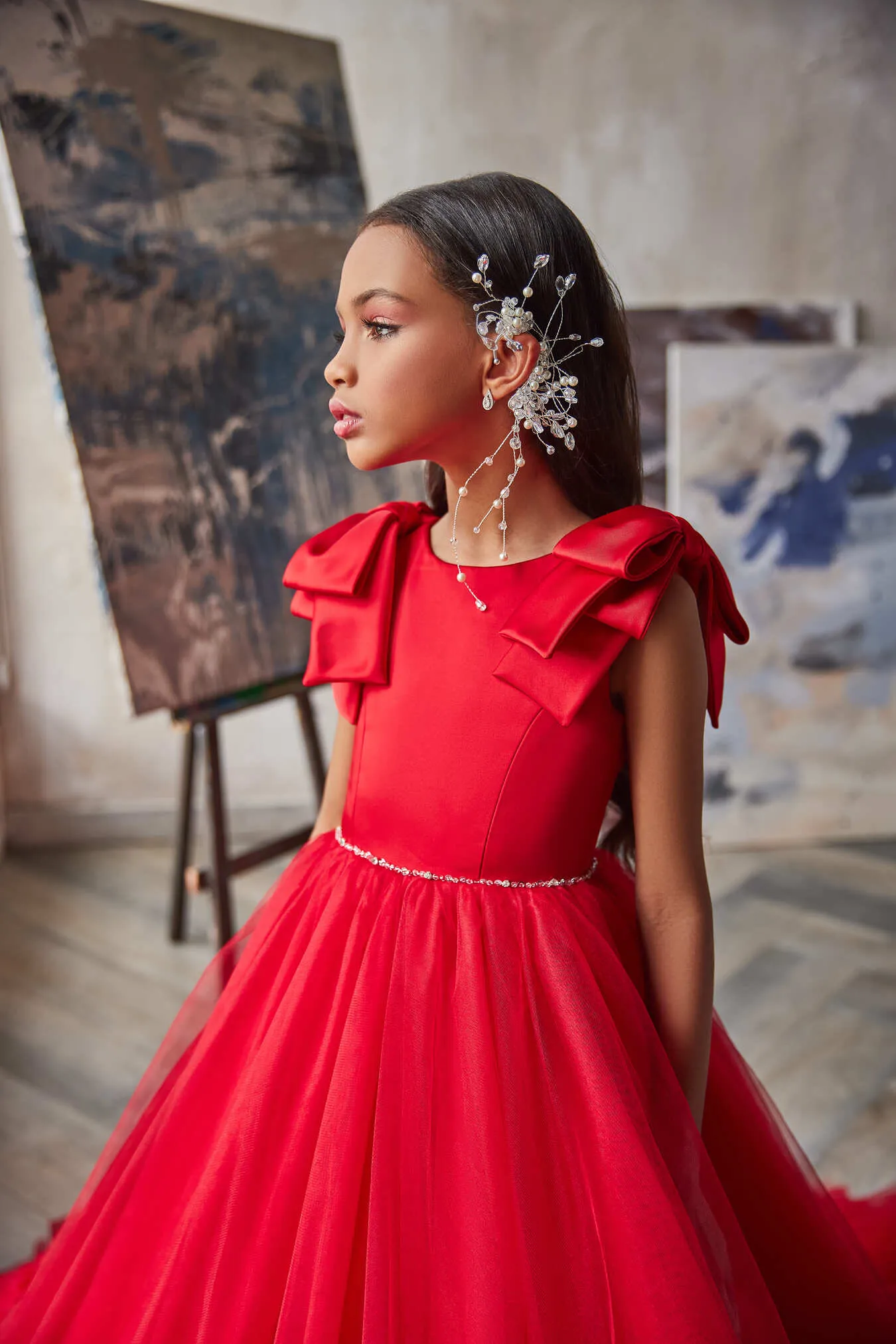 Girls Red Tulle Dress with Bows for Special Occasion