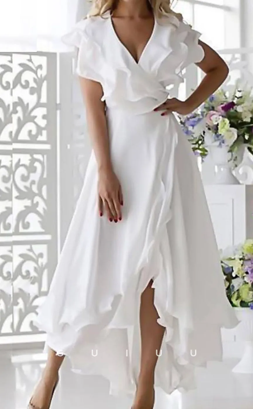 GM091 - A-Line High Low V Neck Short Sleeve Ruffles Chiffon Mother of the Bride Dress with Slit