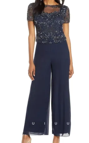 GM115 - Jumpsuit Scoop Neck Short Sleeves Floor Length Appliques Chiffon Mother of the Bride Dress