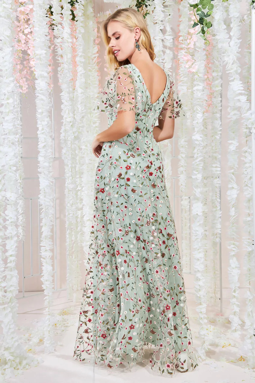 Goddiva Flutter Sleeve Embroidered Maxi Dress