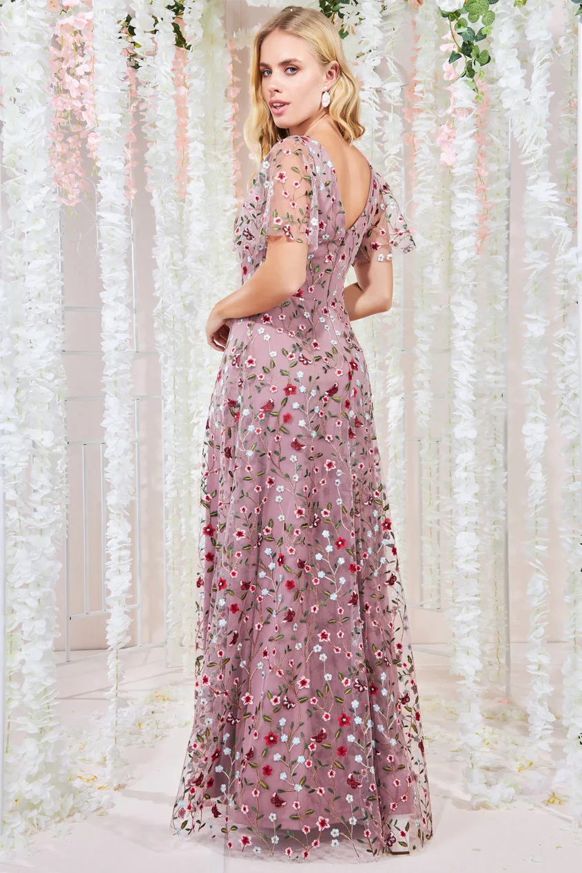 Goddiva Flutter Sleeve Embroidered Maxi Dress